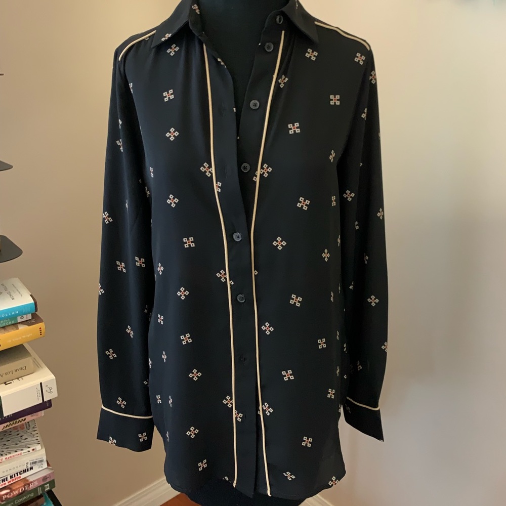Black Button Down with Beige Piping